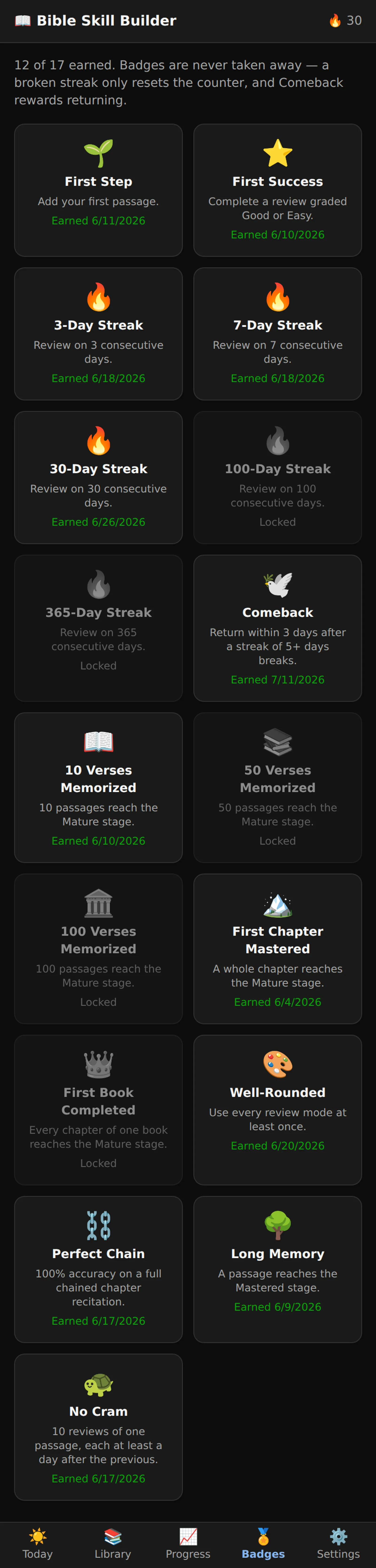 Achievement badges for streaks, memorization milestones, and habits like reviewing without cramming.