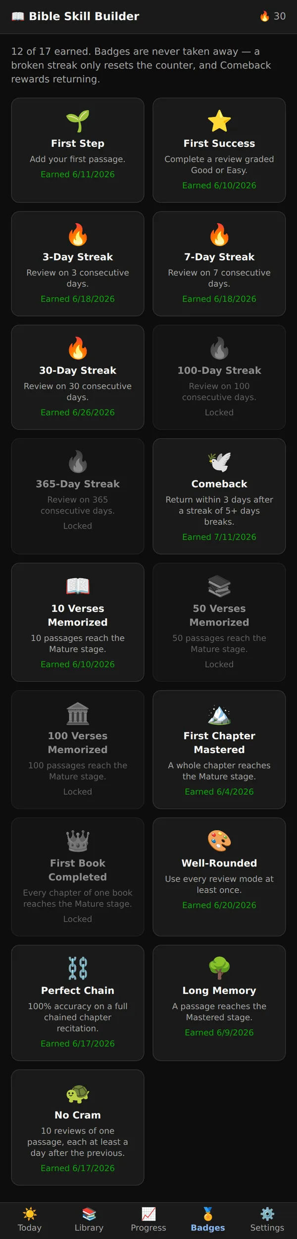 Achievement badges for streaks, memorization milestones, and habits like reviewing without cramming.