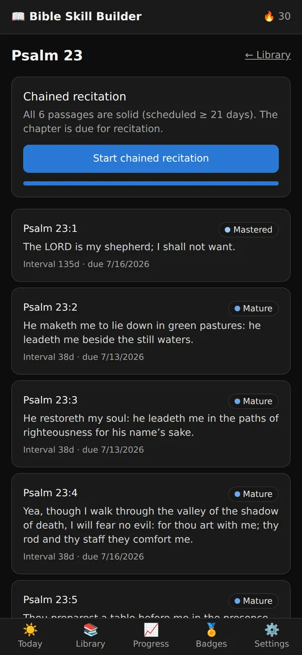 Chained recitation for a whole chapter, unlocked once every verse reaches a 21-day interval.