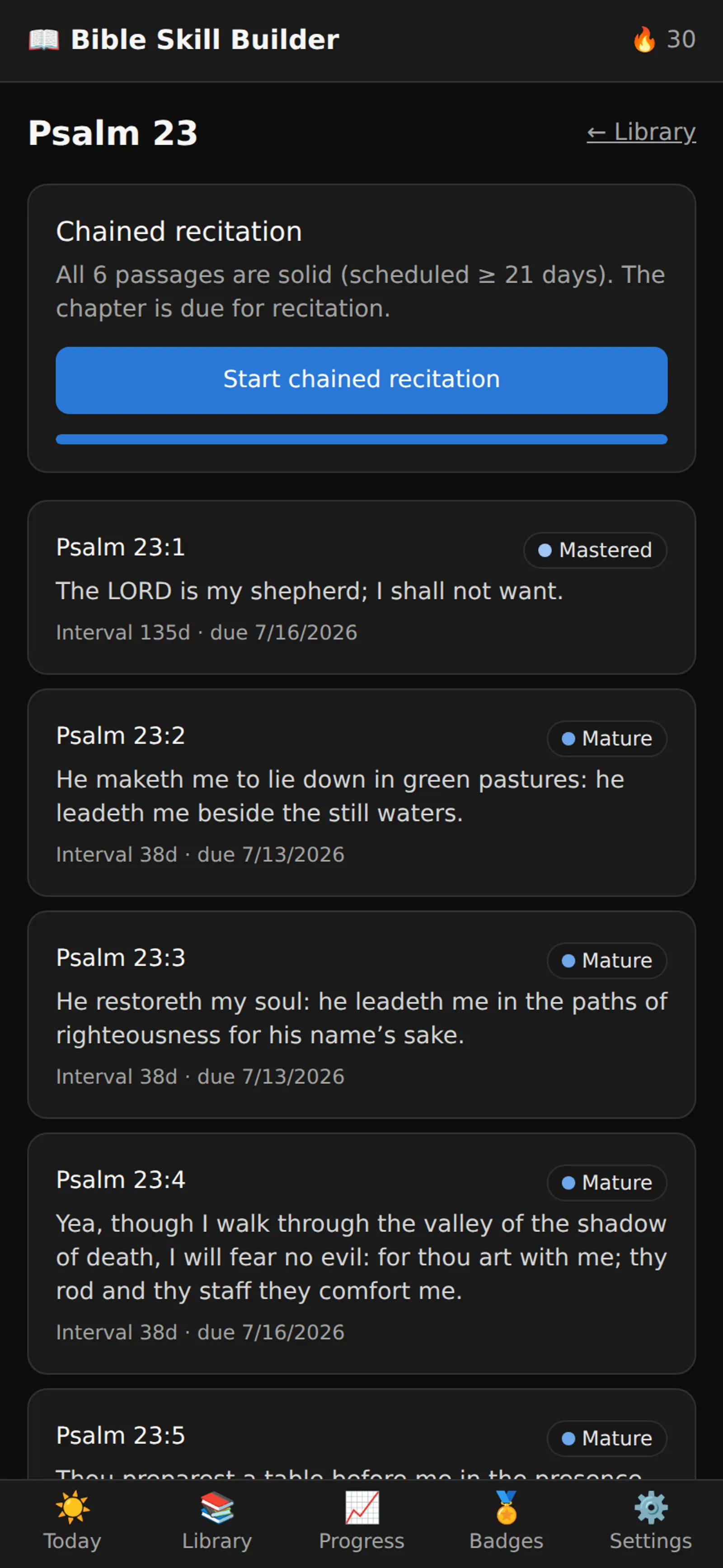 Chained recitation for a whole chapter, unlocked once every verse reaches a 21-day interval.