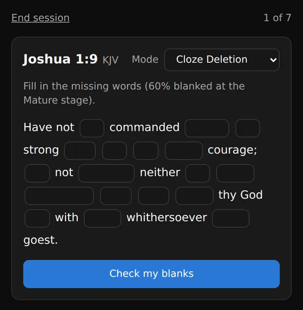 Cloze Deletion mode blanks a share of words that scales with the passage's mastery stage.