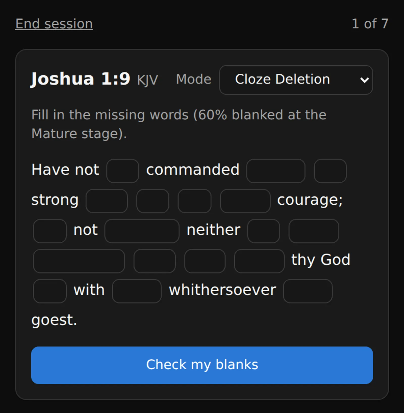 Cloze Deletion mode blanks a share of words that scales with the passage's mastery stage.