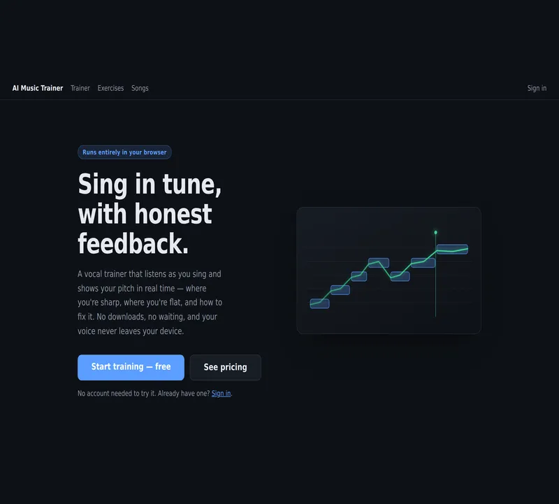 The AI Music Trainer landing page: "Sing in tune, with honest feedback"