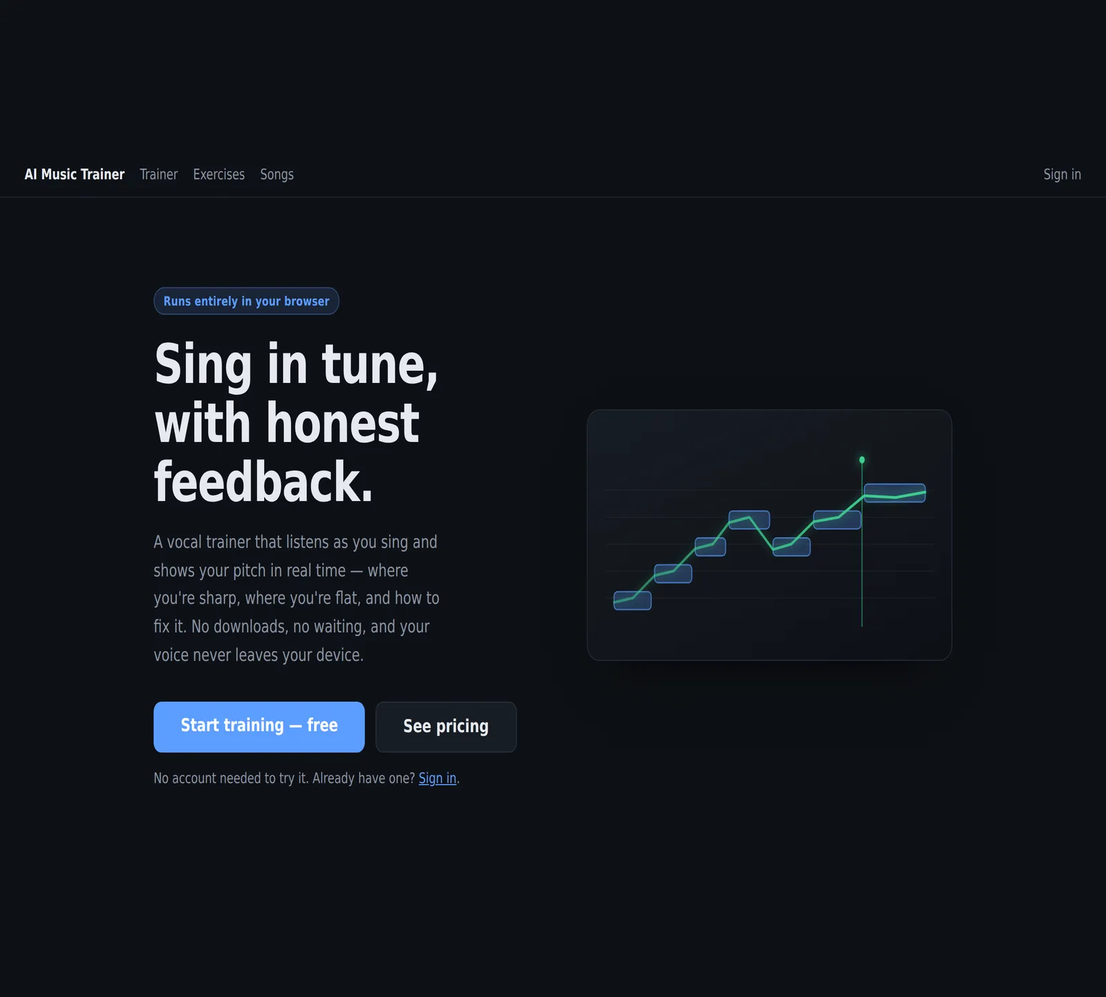 The AI Music Trainer landing page: "Sing in tune, with honest feedback"