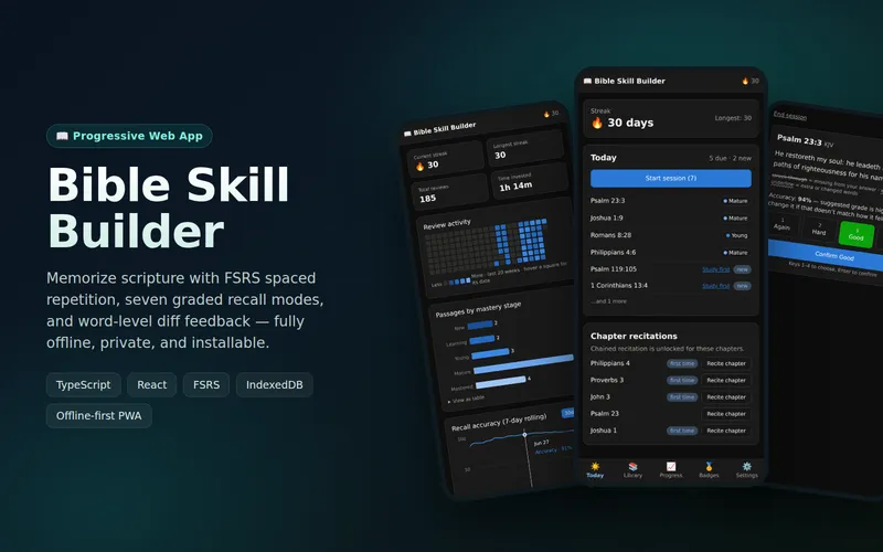 Bible Skill Builder shown across three phone screens: the progress dashboard, the daily review queue, and word-level diff grading.
