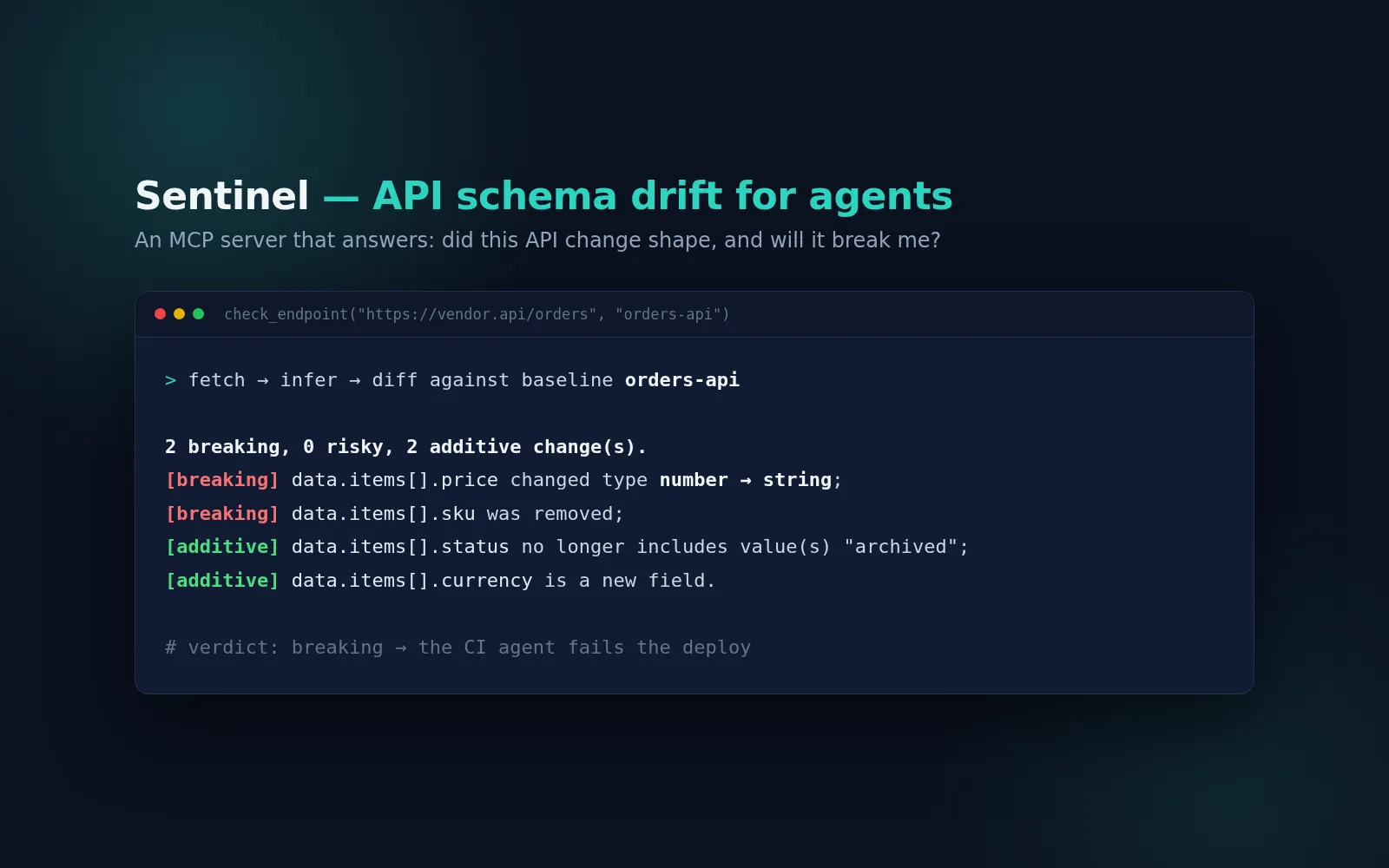 Sentinel output: a check_endpoint call reporting two breaking and two additive schema changes, each tagged by severity.