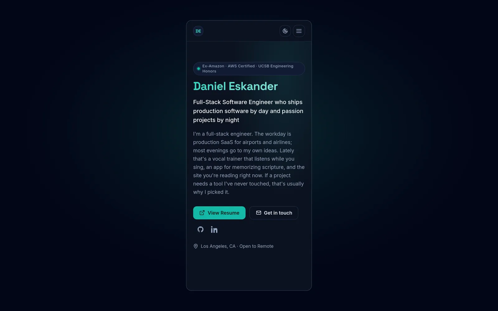 The mobile layout: sticky header with a JS-optional menu and stacked hero