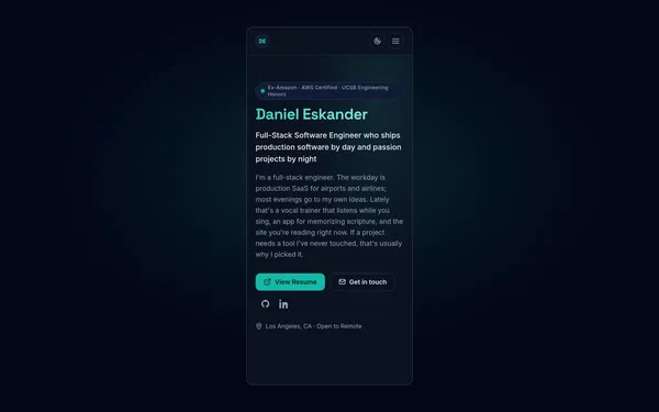 The mobile layout: sticky header with a JS-optional menu and stacked hero
