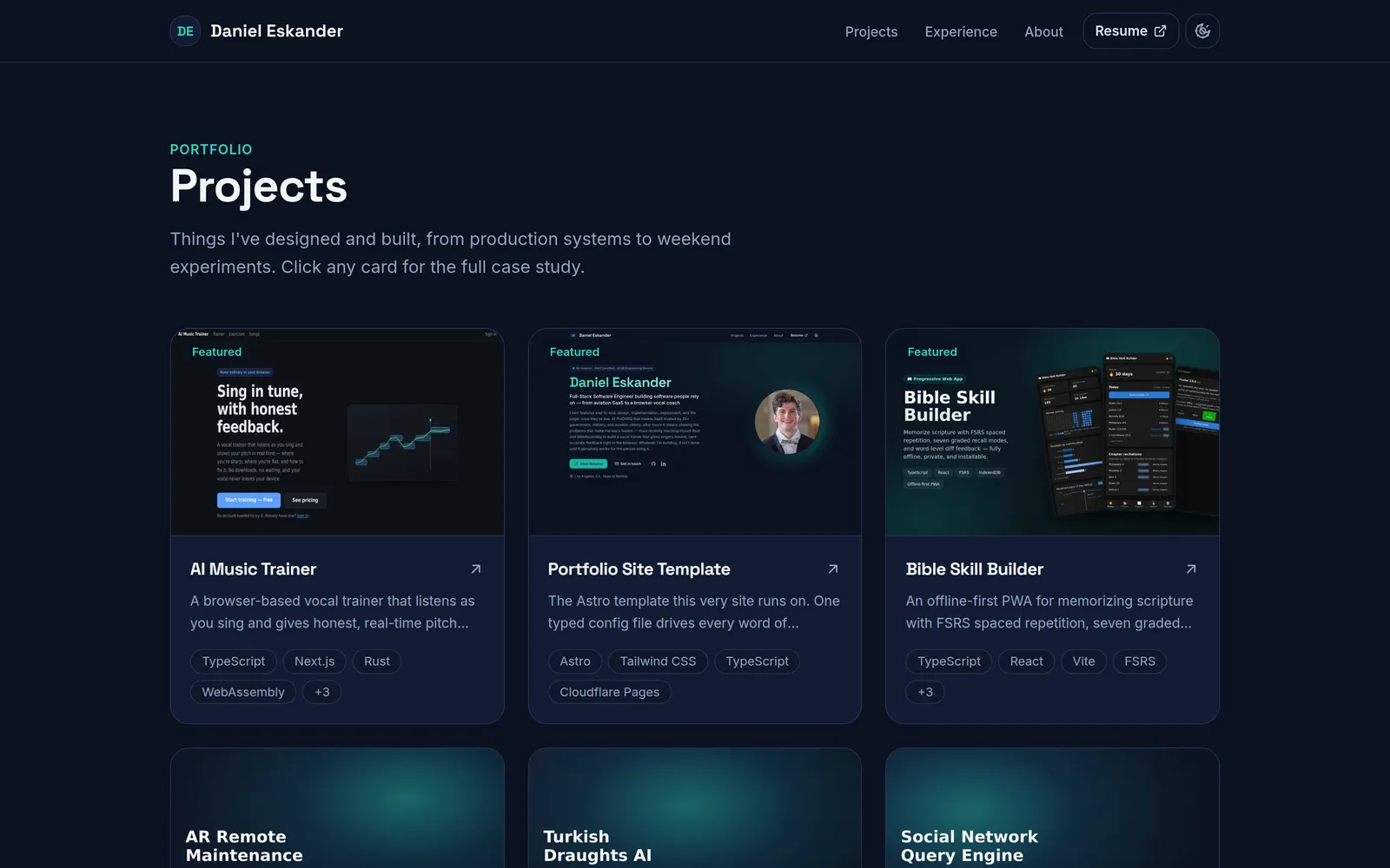 The projects index: a responsive card grid with cover art and tech chips