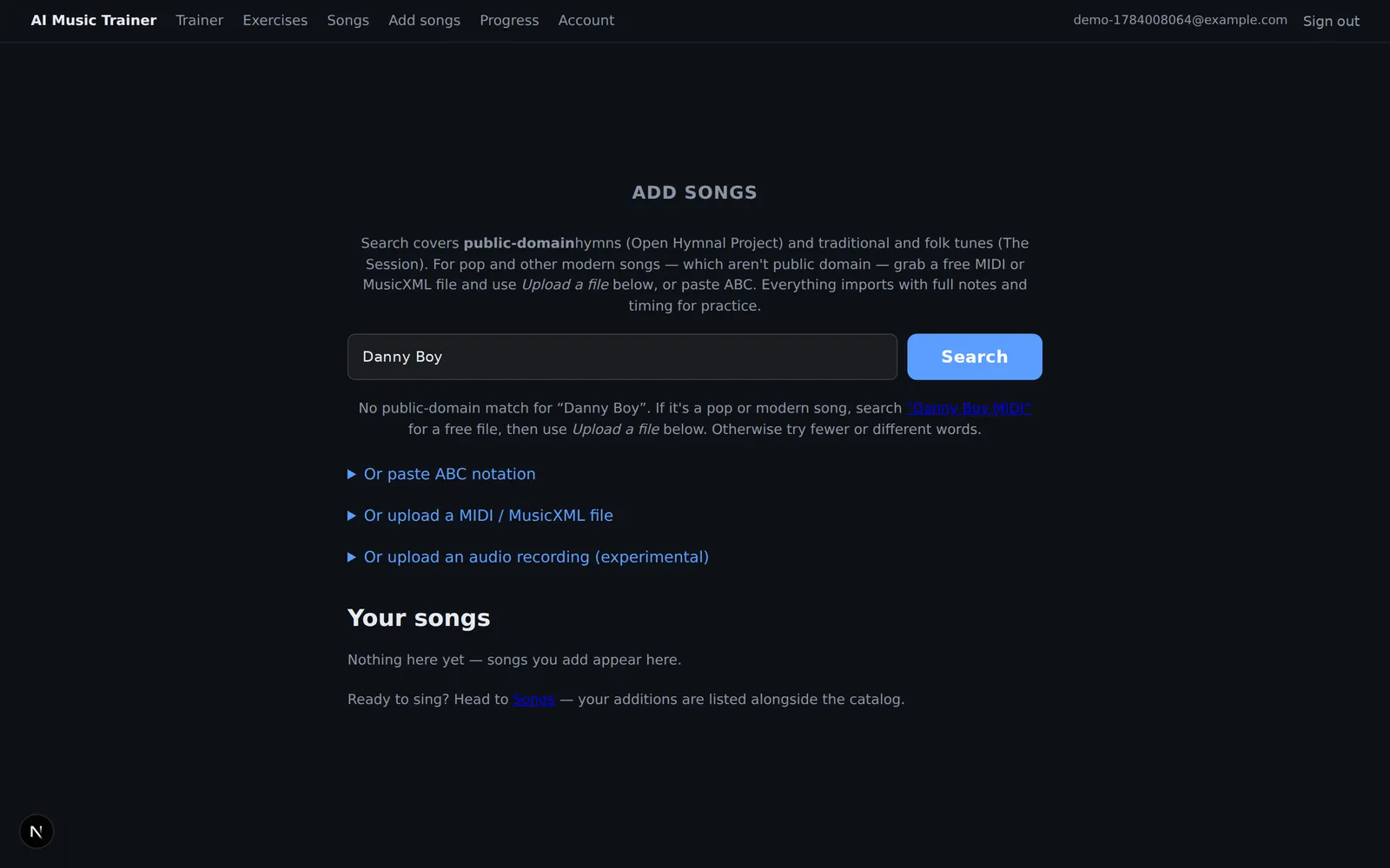 Add-songs page: search public-domain tunes, or import a MIDI, MusicXML, or audio recording