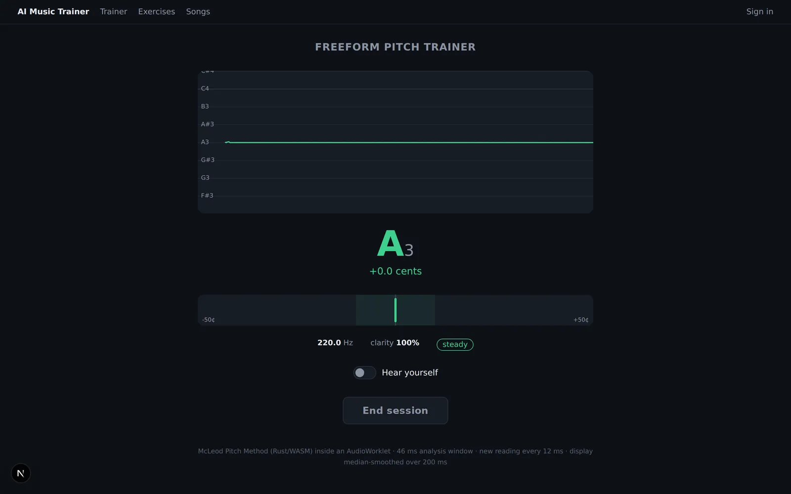 The freeform pitch trainer reading a sung A3 dead in tune: 0.0 cents, 100% clarity, steady