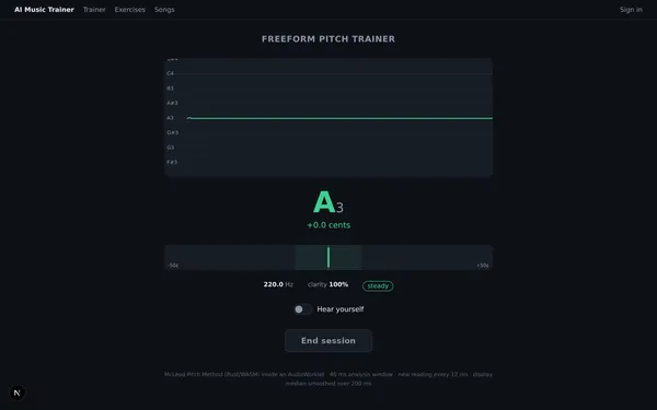 The freeform pitch trainer reading a sung A3 dead in tune: 0.0 cents, 100% clarity, steady