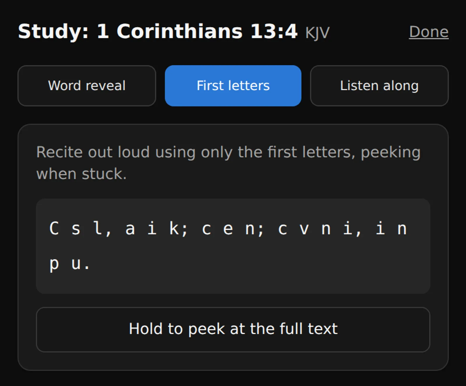 Ungraded study tools, including a first-letter scaffold for reciting from memory.