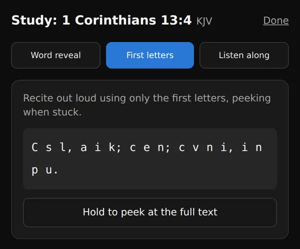 Ungraded study tools, including a first-letter scaffold for reciting from memory.