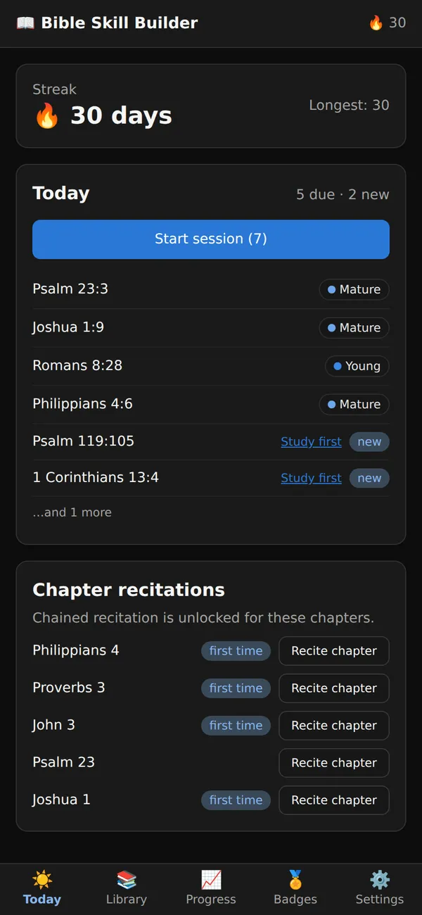 The daily queue: review streak, verses due today, and unlocked chapter recitations.